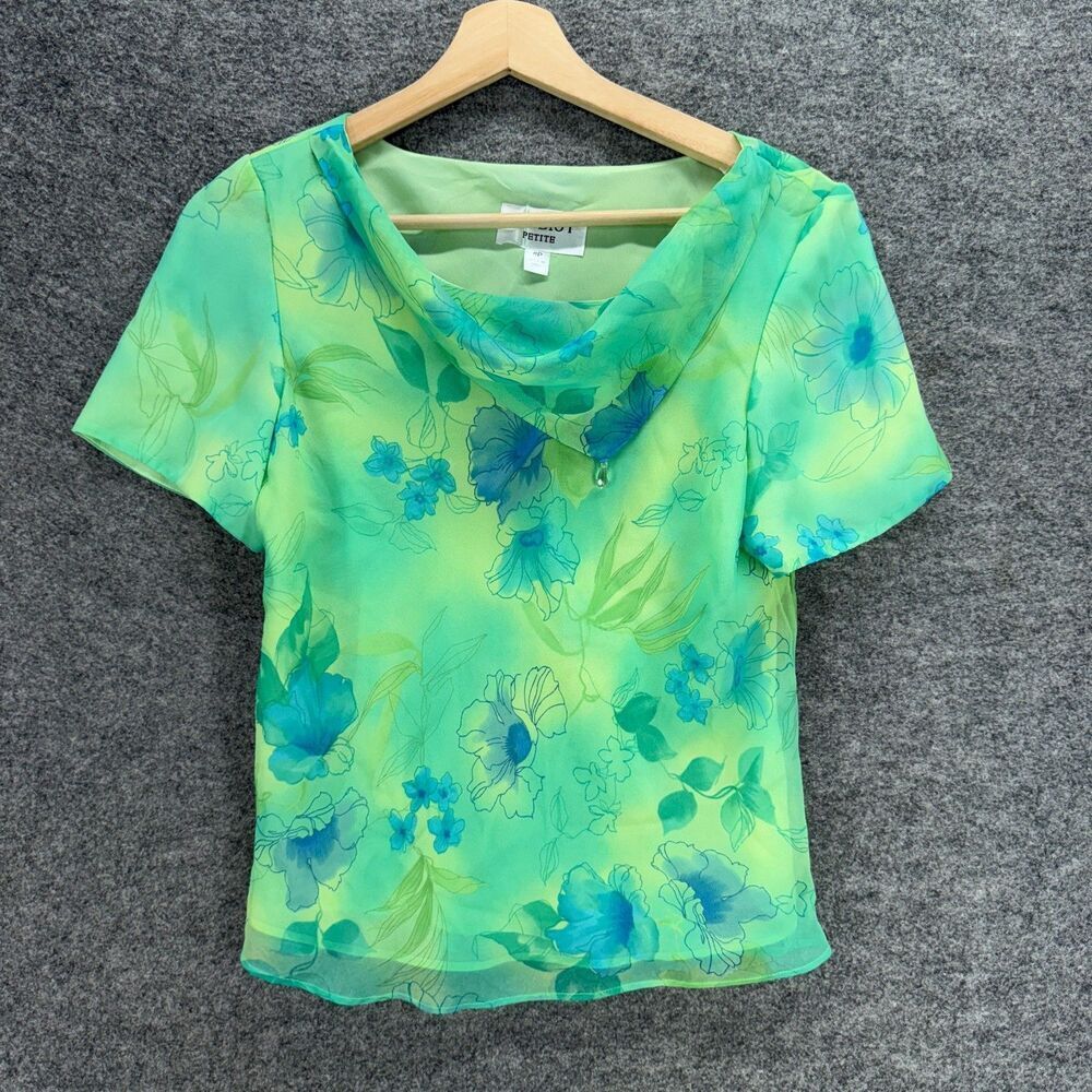 Studio I Blouse Women 8P Petite Green Floral Short Sleeve V-Neck Lined Casual